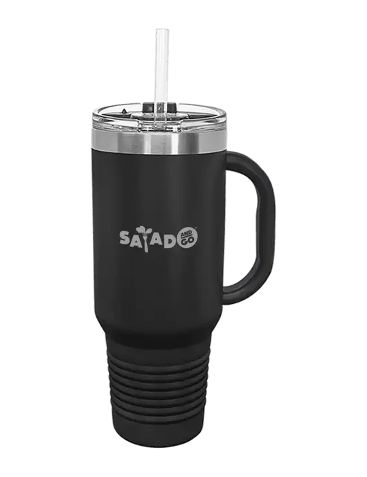 Polar Camel 40 oz. Powder Coated Vacuum Insulated Black Travel Mug with Straw w/Salad And Go Logo