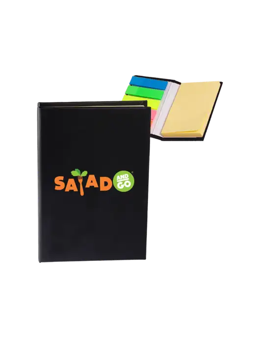 Black Micro Sticky Note Pad, 2 x 3.25 w/Salad And Go Logo