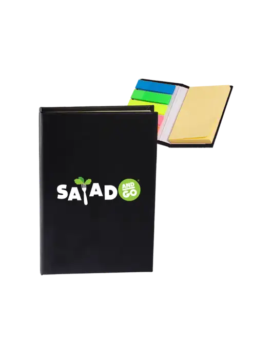 Black Micro Sticky Note Pad, 2 x 3.25 w/Salad And Go Logo