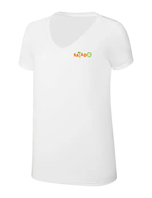 Womens Simply Soft V-Neck White 4.5oz  Poly/Combed Ring Spun Cotton T-Shirt w/Salad And Go Logo