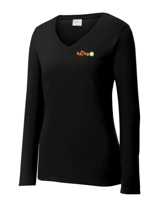 Womens V-Neck Ring Spun Jet Black 4.5 oz Long Sleeve T-Shirt w/Salad And Go Logo