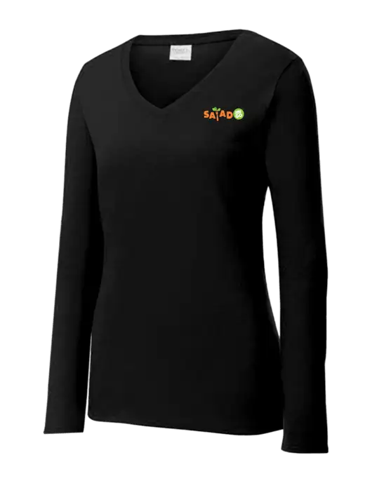Womens V-Neck Ring Spun Jet Black 4.5 oz Long Sleeve T-Shirt w/Salad And Go Logo
