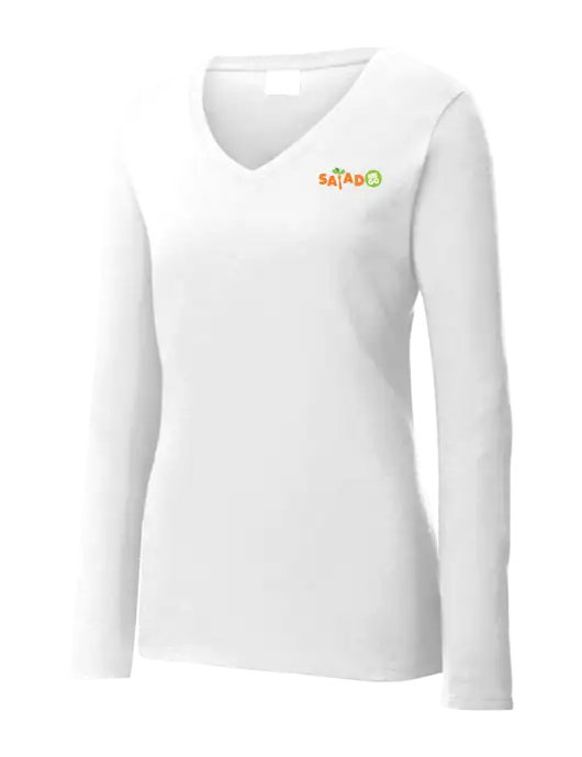 Womens  V-Neck Ring Spun White 4.5 oz Long Sleeve T-Shirt w/Salad And Go Logo