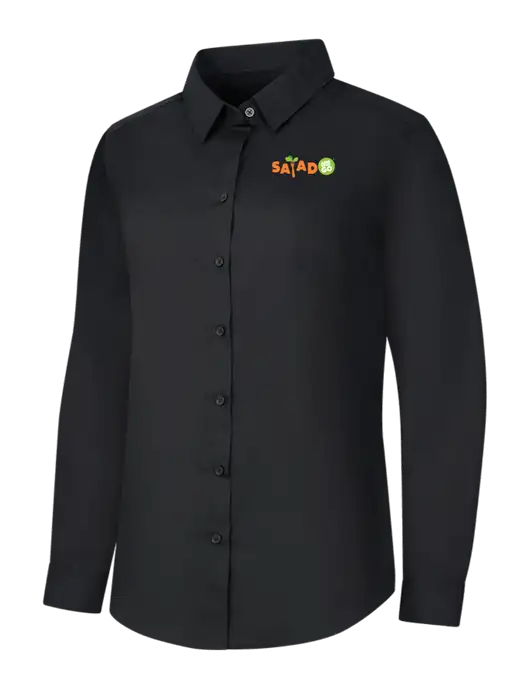Womens Black Long Sleeve Carefree Poplin Shirt w/Salad And Go Logo