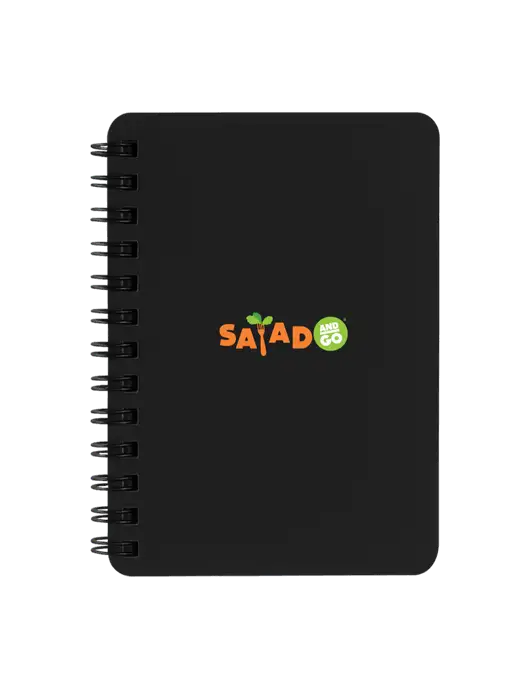 Sturdy Black Hardcover Notebook, 5.25 x 7 w/Salad And Go Logo