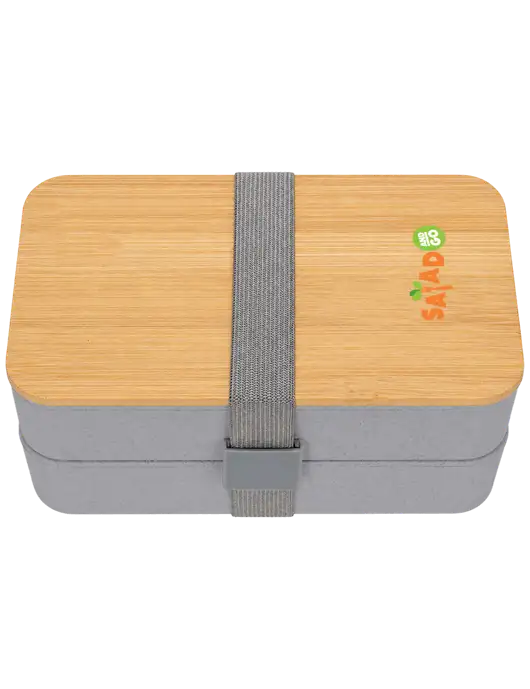 Double Decker Light Medium Grey Lunch Box w/Eco-Friendly FSC Bamboo Lid & Reusable Utensils w/Salad And Go Logo