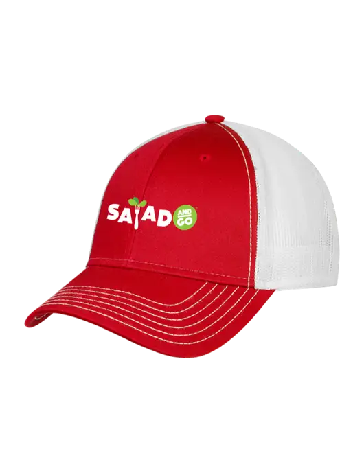 Red/White Mesh Trucker Cap Snap Back w/Salad And Go Logo