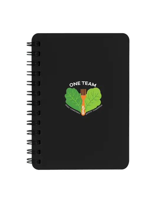 Sturdy Black Hardcover Notebook, 5.25 x 7 w/One Team Logo